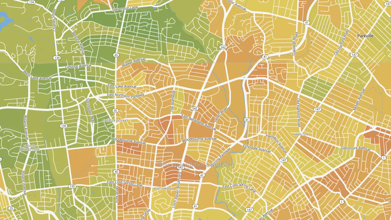 Map of the best neighborhoods in the Upper Northwood, Baltimore area, with better matches in green and worse matches in red