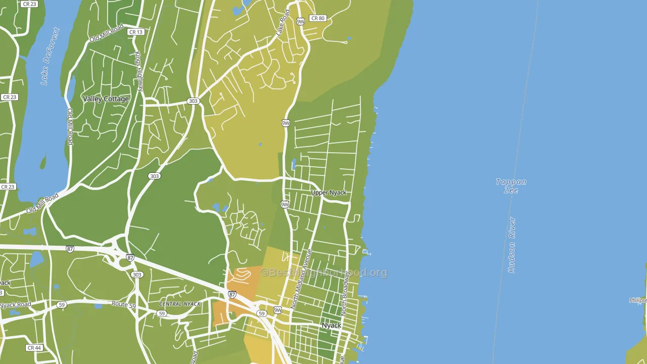 Map of the best neighborhoods in the Upper Nyack area, with better matches in green and worse matches in red
