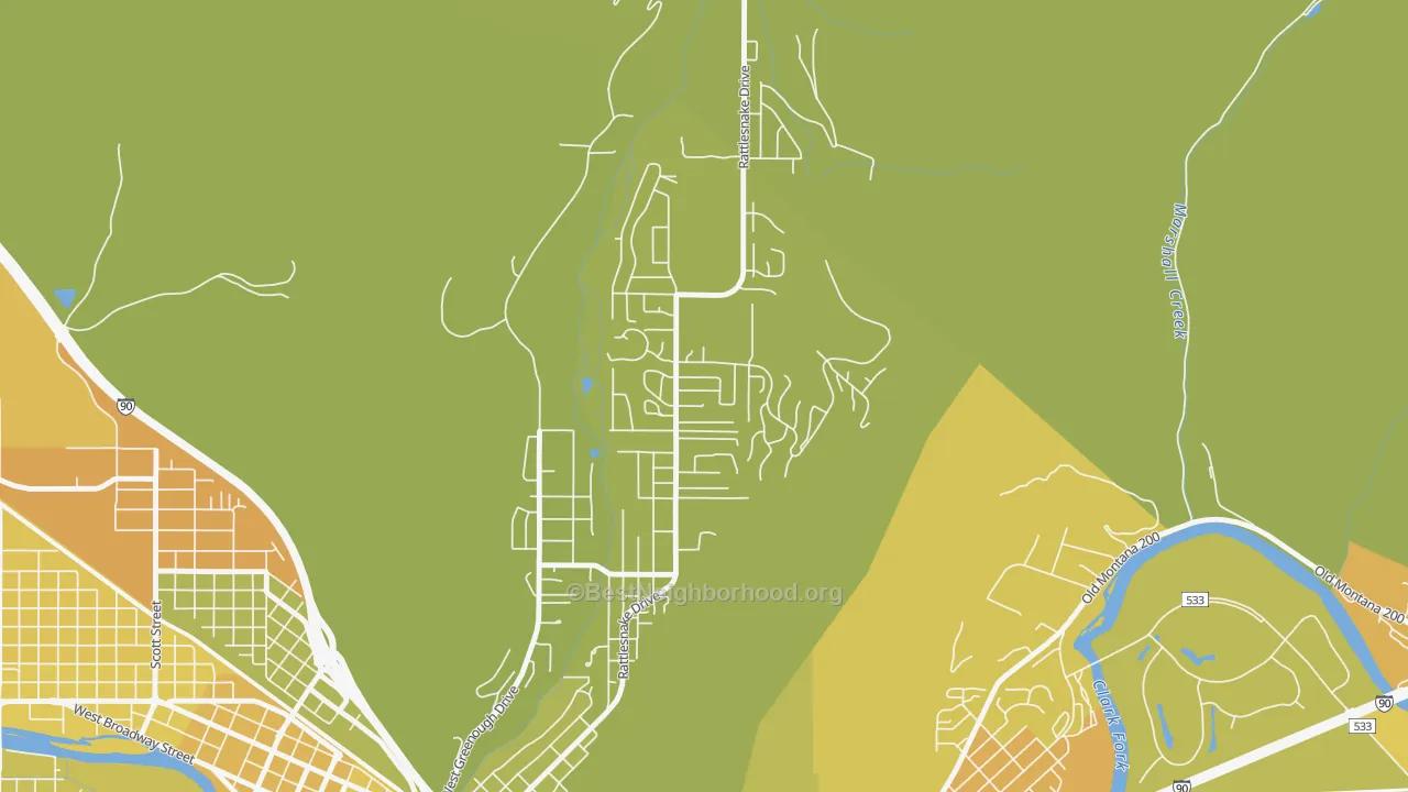 Map of the best neighborhoods in the Upper Rattlesnake, Missoula area, with better matches in green and worse matches in red