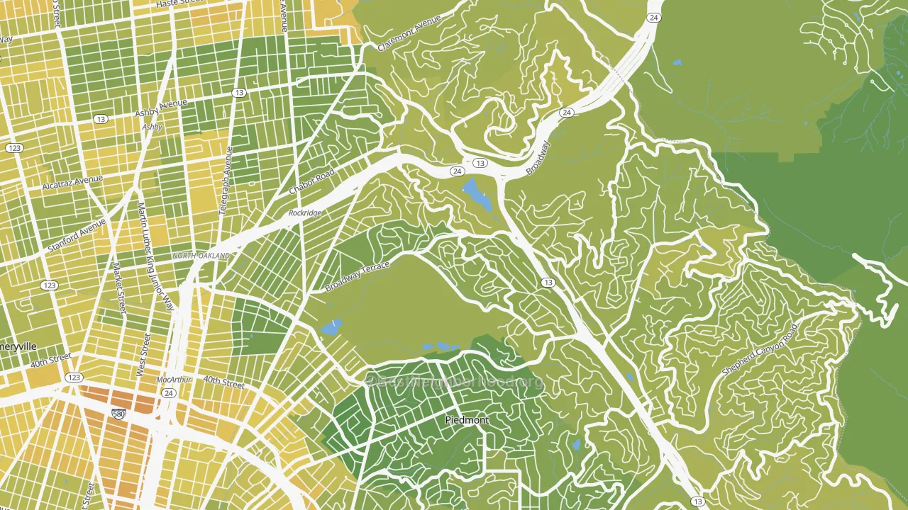 Map of the best neighborhoods in the Upper Rockridge, Oakland area, with better matches in green and worse matches in red