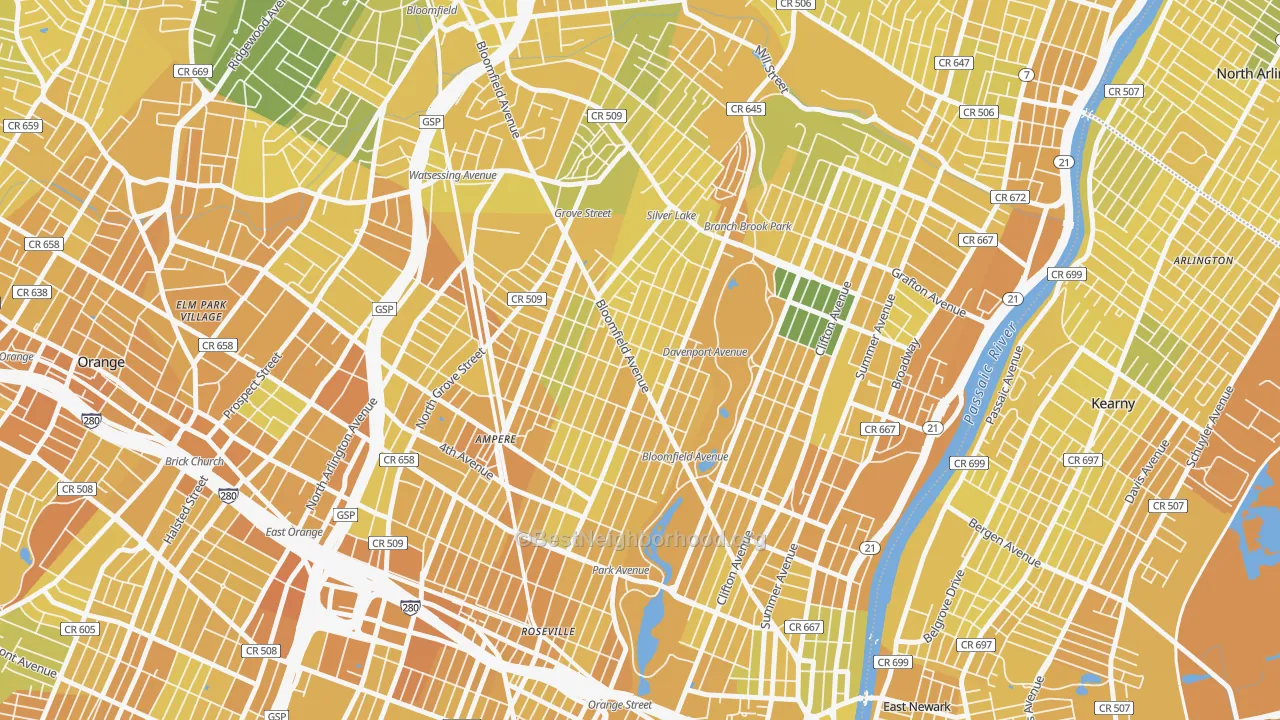 Map of the best neighborhoods in the Upper Roseville, Newark area, with better matches in green and worse matches in red