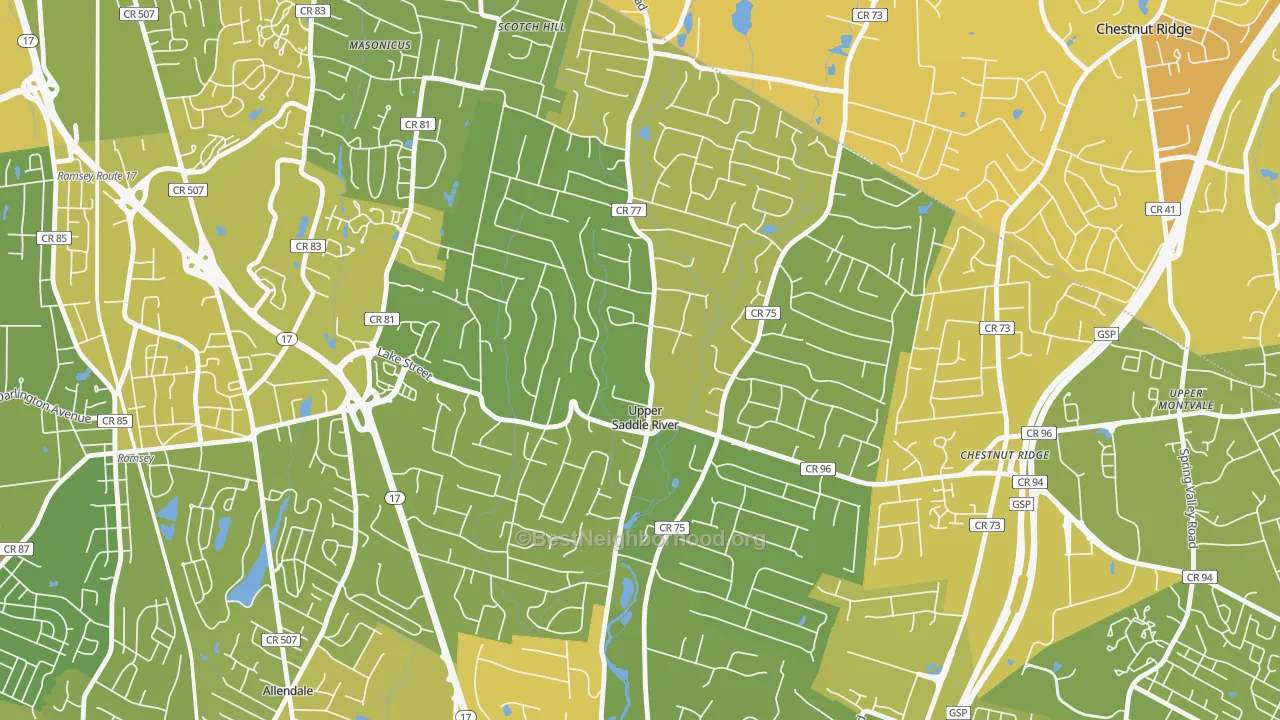 Map of the best neighborhoods in the Upper Saddle River area, with better matches in green and worse matches in red