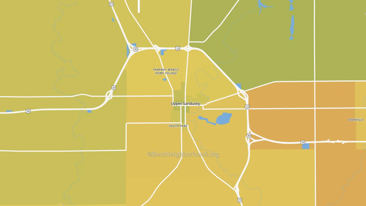 Map of the best neighborhoods in the Upper Sandusky area, with better matches in green and worse matches in red