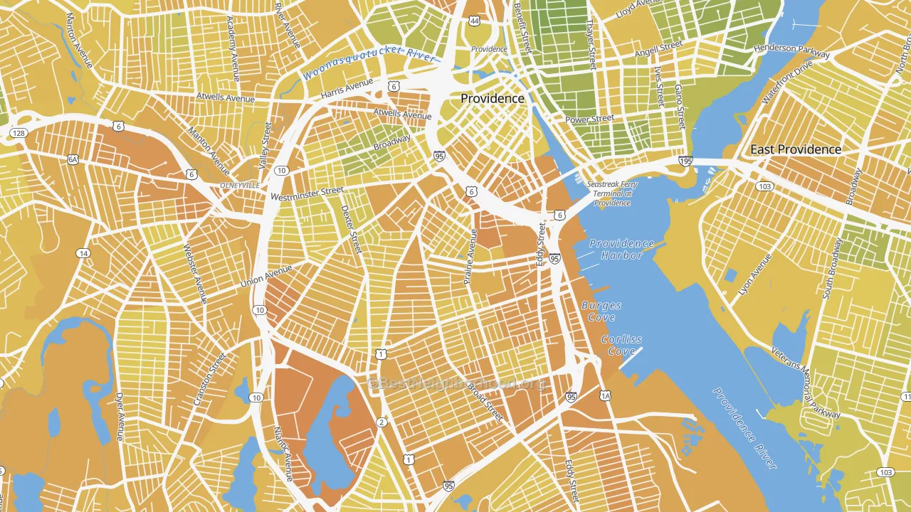 Map of the best neighborhoods in the Upper South Providence, Providence area, with better matches in green and worse matches in red