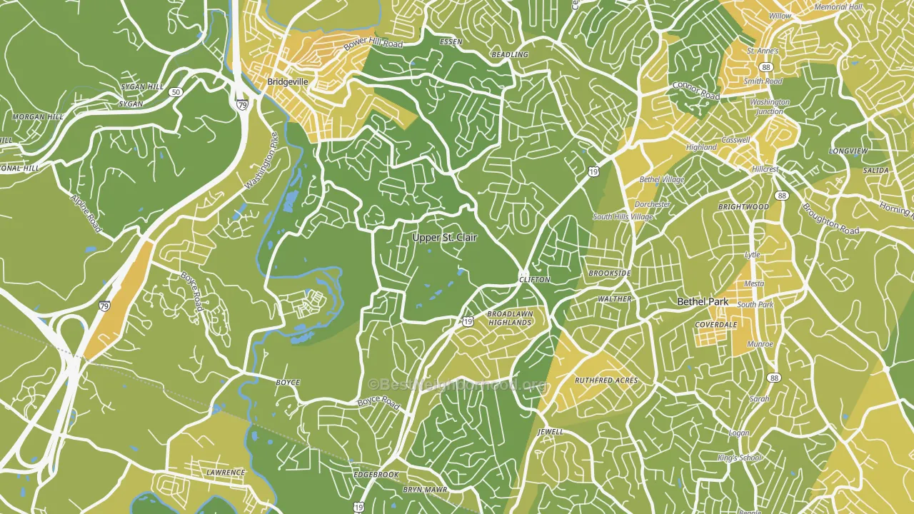 Map of the best neighborhoods in the Upper St. Clair area, with better matches in green and worse matches in red