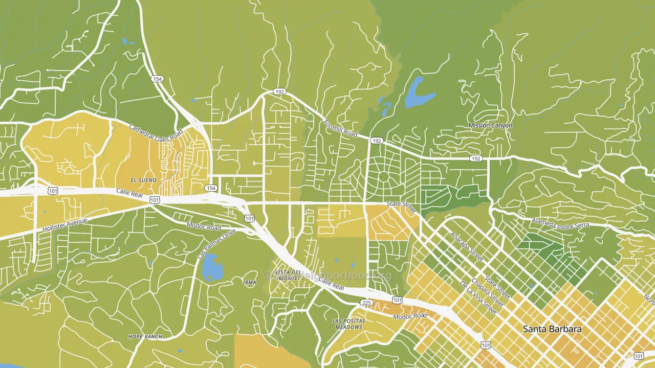 Map of the best neighborhoods in the Upper State, Santa Barbara area, with better matches in green and worse matches in red
