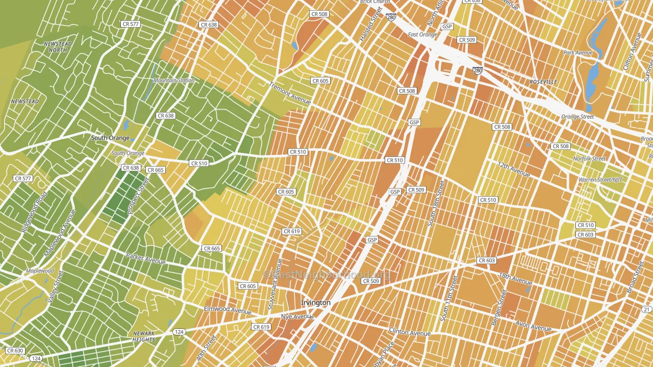 Map of the best neighborhoods in the Upper Vailsburg, Newark area, with better matches in green and worse matches in red