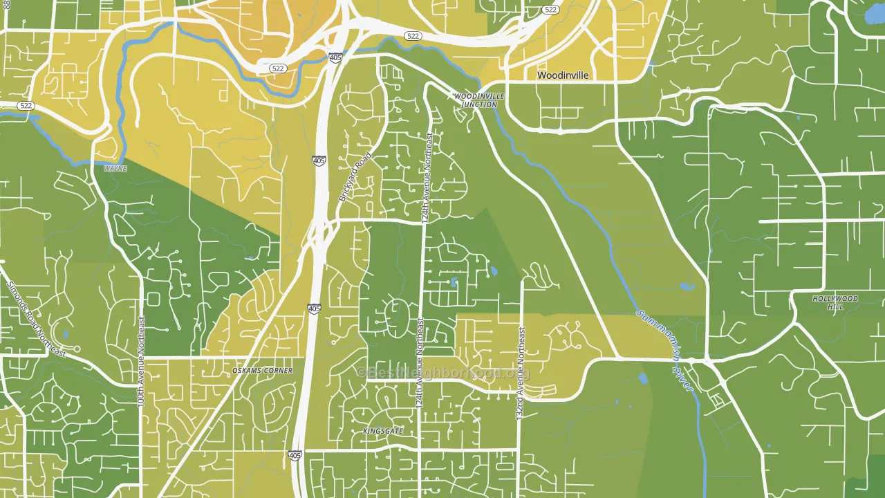 Map of the best neighborhoods in the Upper West Ridge, Woodinville area, with better matches in green and worse matches in red