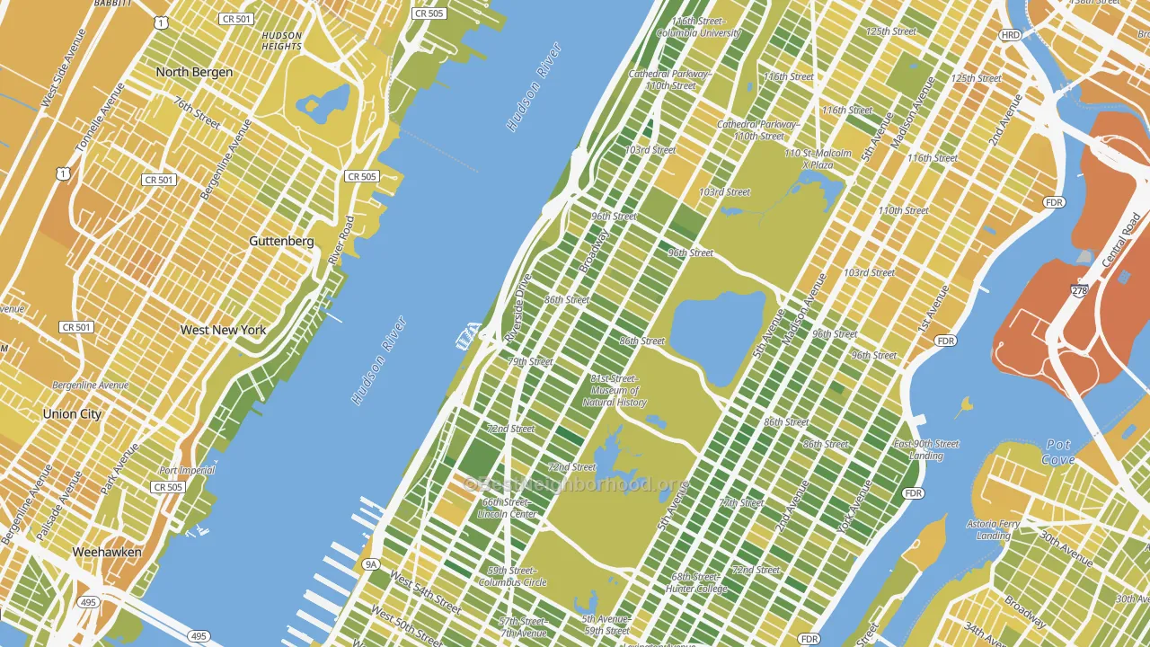 Map of the best neighborhoods in the Upper West Side, Manhattan area, with better matches in green and worse matches in red