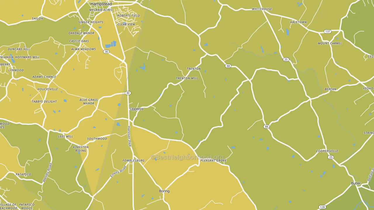 Map of the best neighborhoods in the Upperco area, with better matches in green and worse matches in red