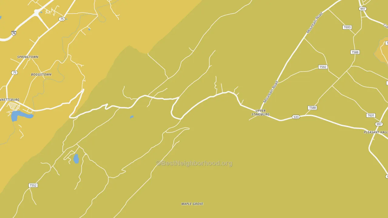 Map of the best neighborhoods in the Upperstrasburg area, with better matches in green and worse matches in red