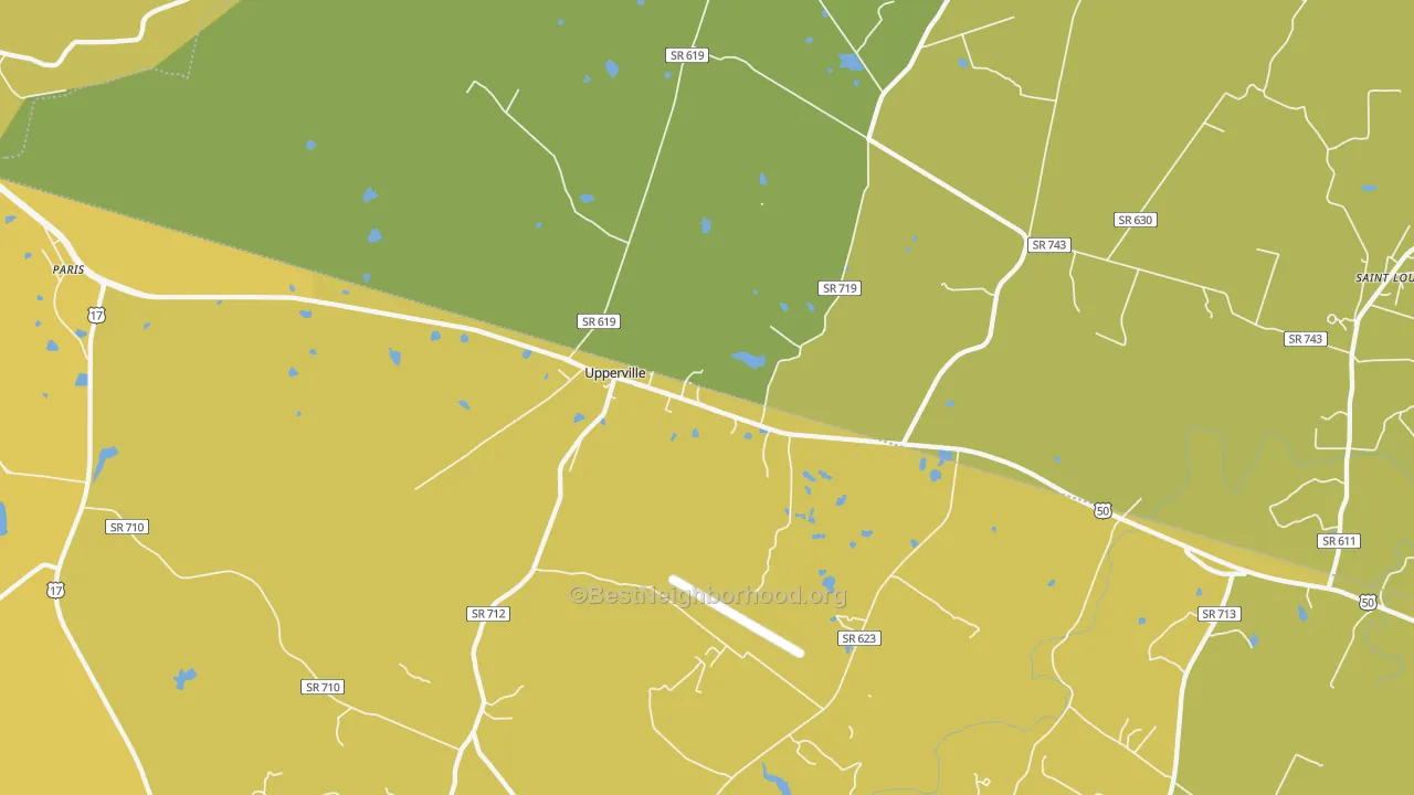 Map of the best neighborhoods in the Upperville area, with better matches in green and worse matches in red