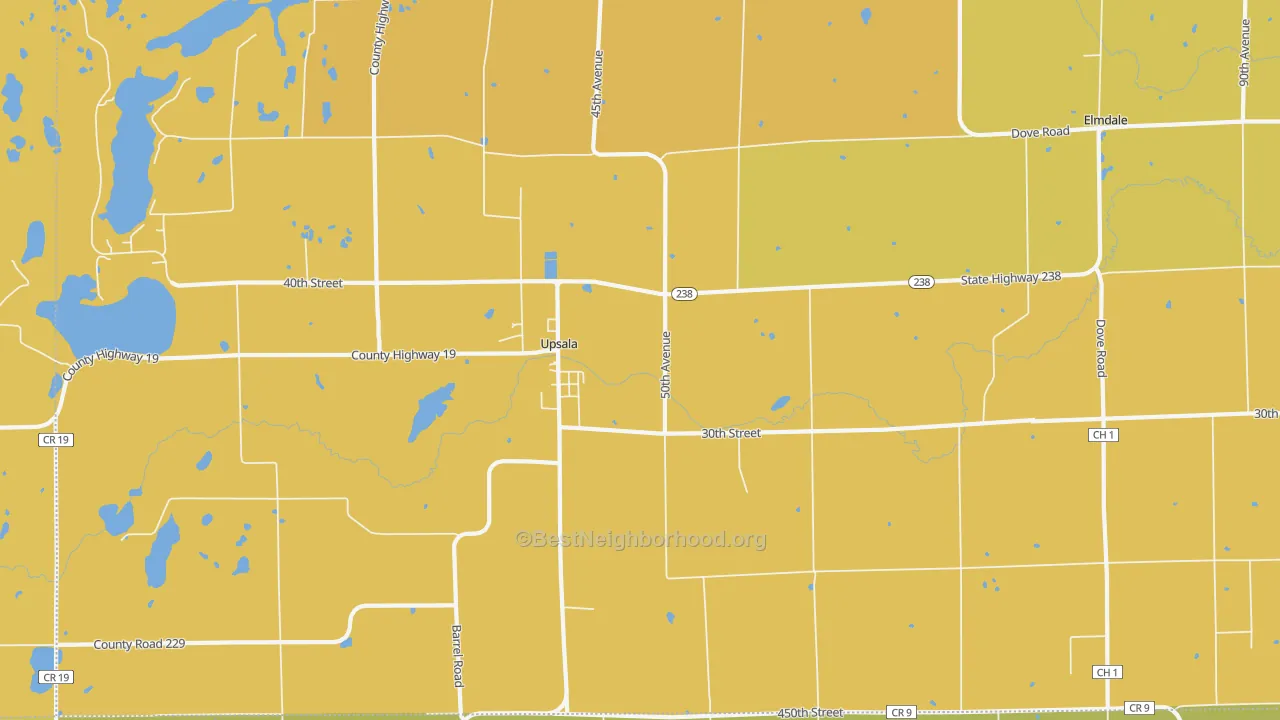Map of the best neighborhoods in the Upsala area, with better matches in green and worse matches in red
