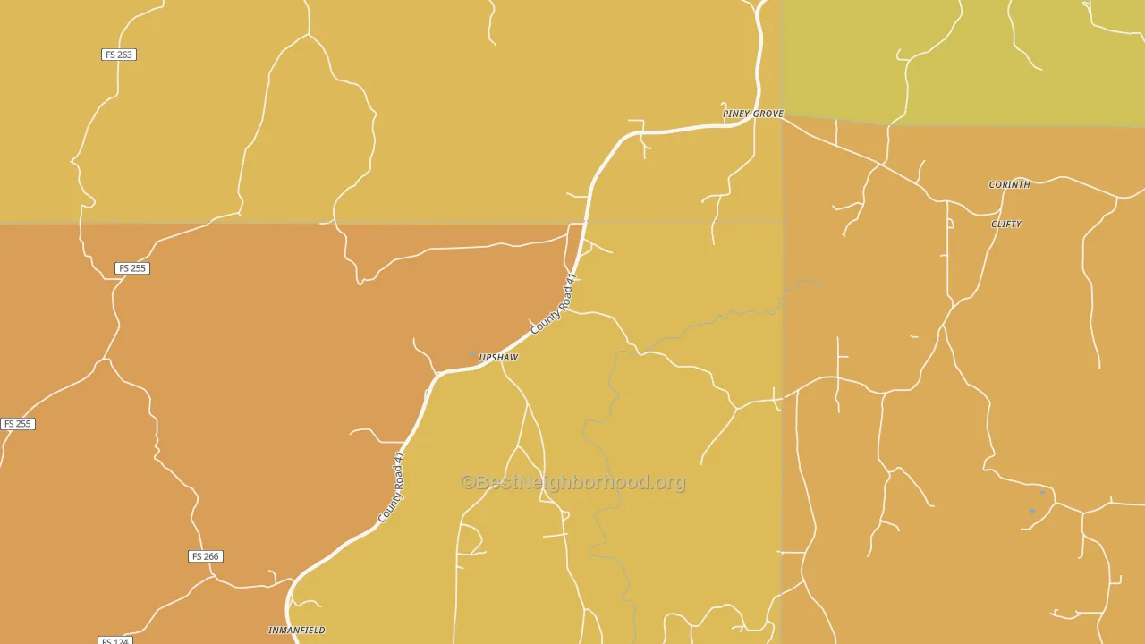 Map of the best neighborhoods in the Upshaw area, with better matches in green and worse matches in red