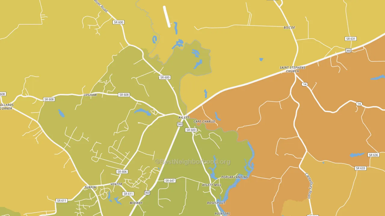 Map of the best neighborhoods in the Upshaw area, with better matches in green and worse matches in red