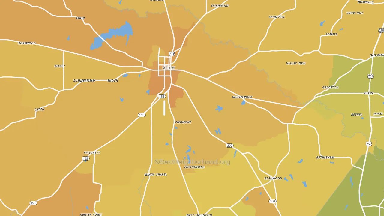Map of the best neighborhoods in the Upshur County area, with better matches in green and worse matches in red
