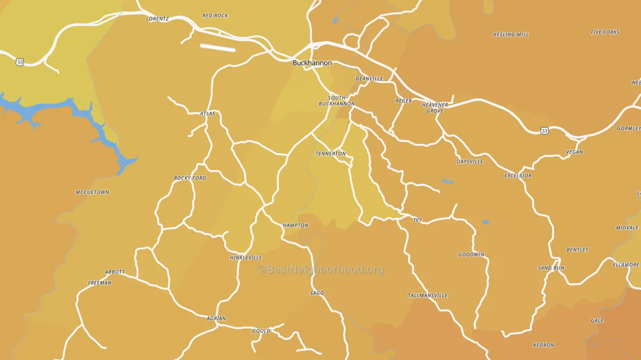 Map of the best neighborhoods in the Upshur County area, with better matches in green and worse matches in red