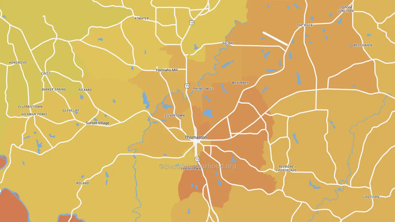 Map of the best neighborhoods in the Upson County area, with better matches in green and worse matches in red