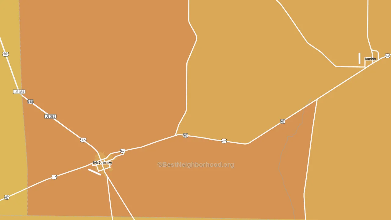 Map of the best neighborhoods in the Upton County area, with better matches in green and worse matches in red