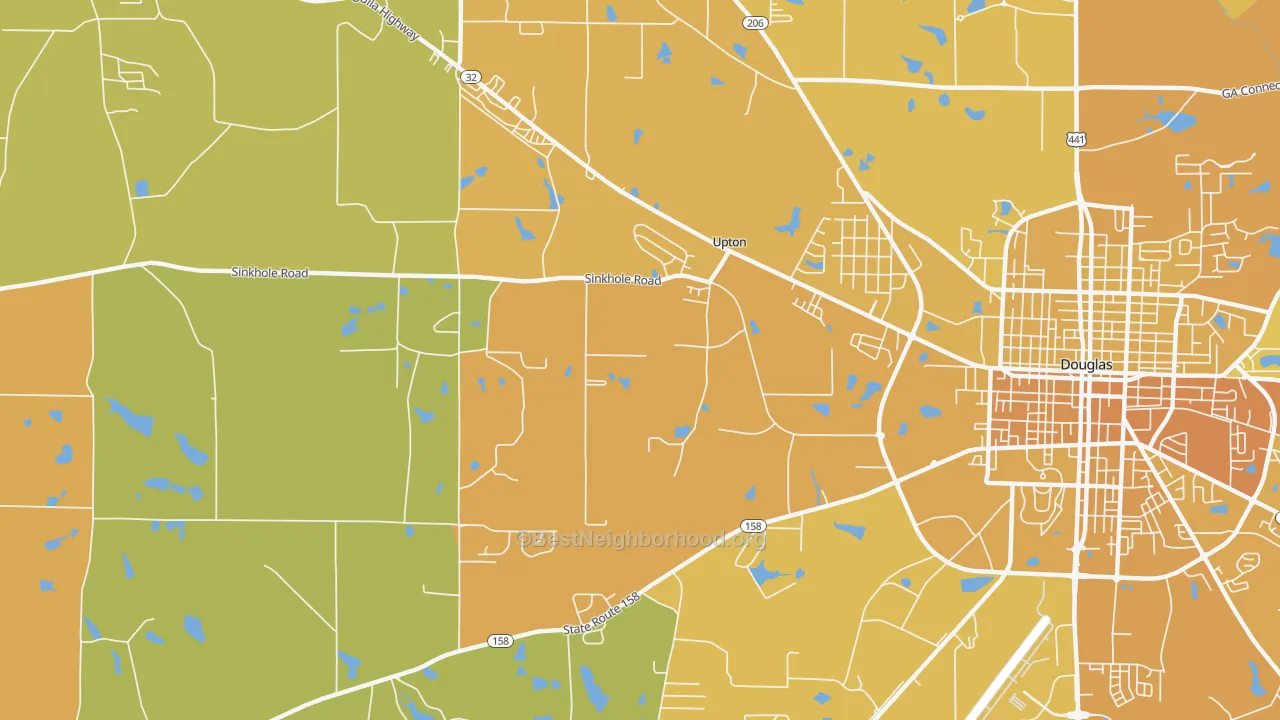 Map of the best neighborhoods in the Upton area, with better matches in green and worse matches in red