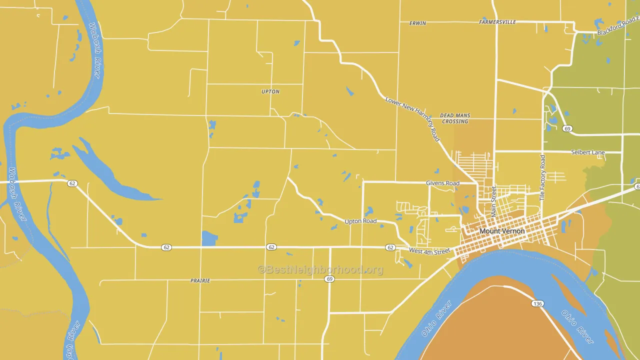 Map of the best neighborhoods in the Upton area, with better matches in green and worse matches in red