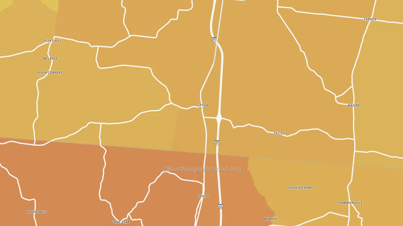 Map of the best neighborhoods in the Upton area, with better matches in green and worse matches in red