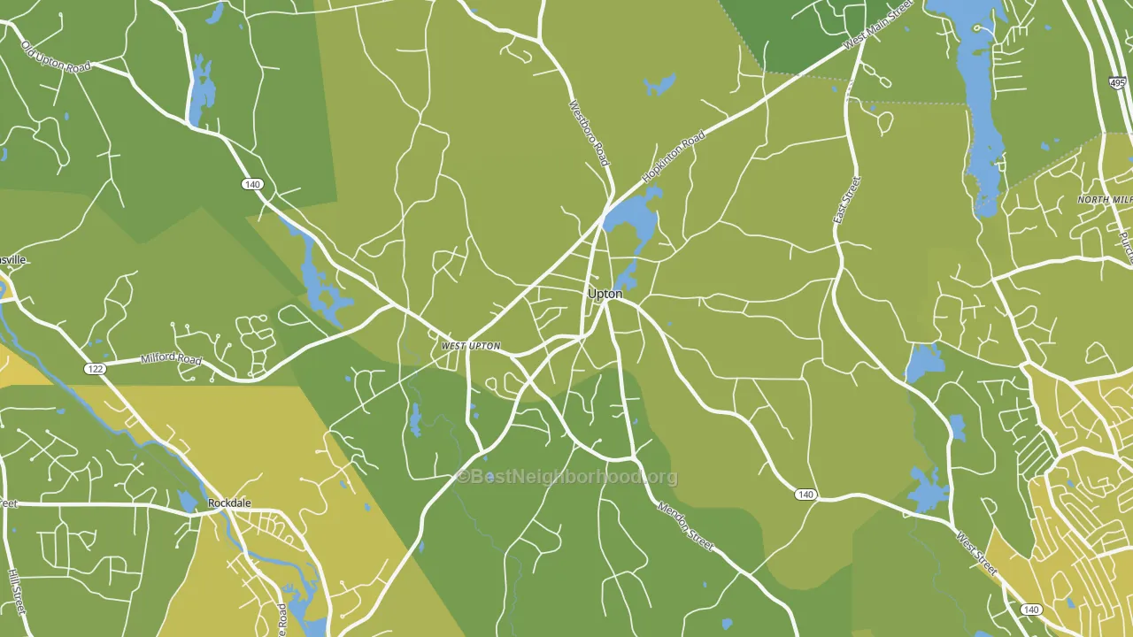 Map of the best neighborhoods in the Upton area, with better matches in green and worse matches in red