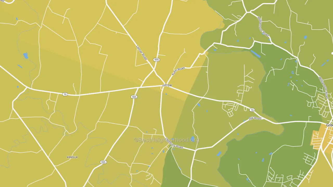 Map of the best neighborhoods in the Upton area, with better matches in green and worse matches in red