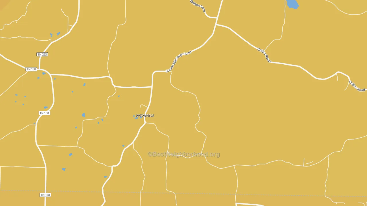 Map of the best neighborhoods in the Uptonville area, with better matches in green and worse matches in red