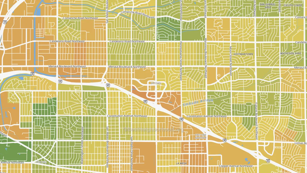 Map of the best neighborhoods in the Uptown, Albuquerque area, with better matches in green and worse matches in red