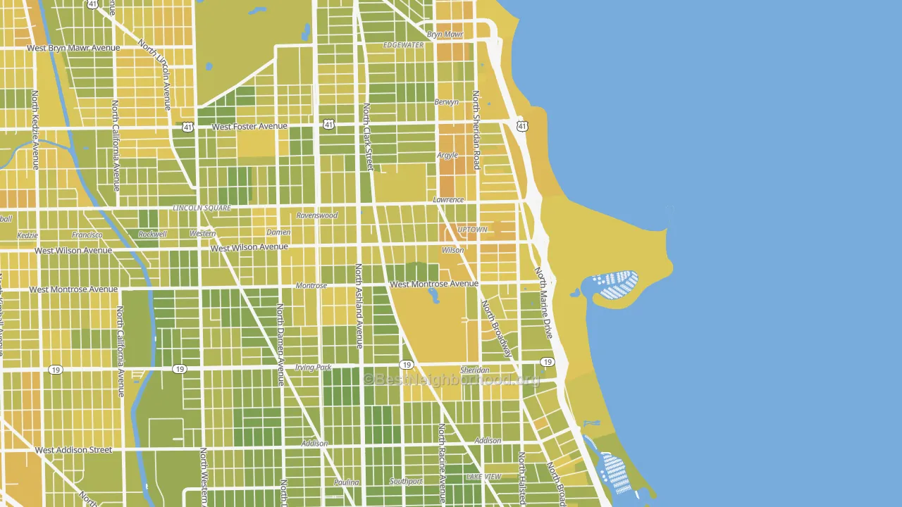 Map of the best neighborhoods in the Uptown, Chicago area, with better matches in green and worse matches in red