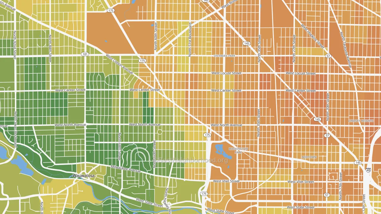 Map of the best neighborhoods in the Uptown, Milwaukee area, with better matches in green and worse matches in red