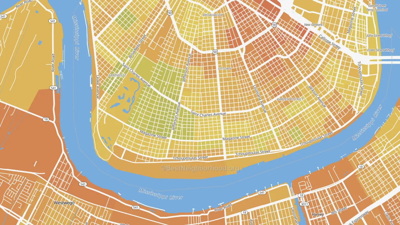 Map of the best neighborhoods in the Uptown, New Orleans area, with better matches in green and worse matches in red