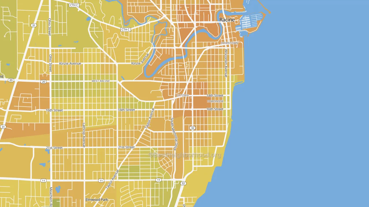 Map of the best neighborhoods in the Uptown, Racine area, with better matches in green and worse matches in red