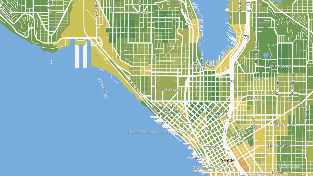 Map of the best neighborhoods in the Uptown, Seattle area, with better matches in green and worse matches in red