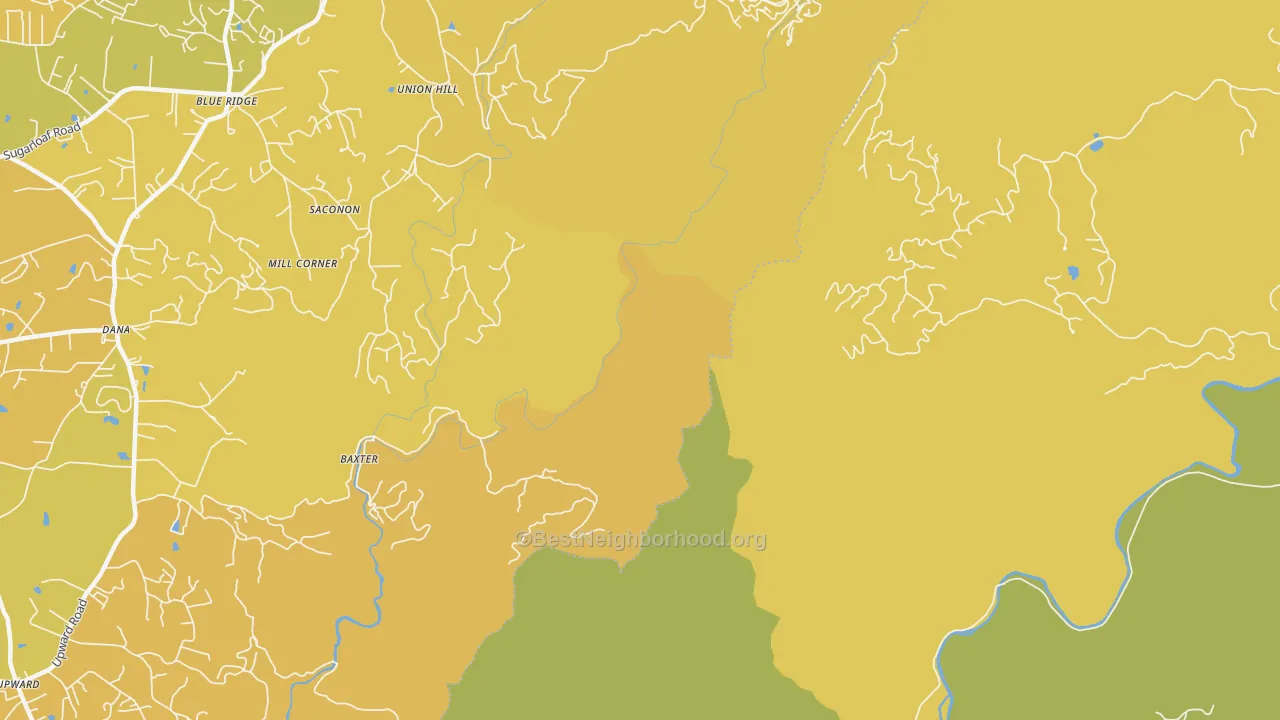 Map of the best neighborhoods in the Upward area, with better matches in green and worse matches in red