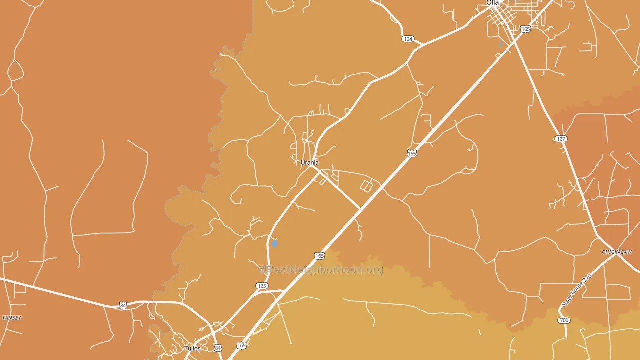 Map of the best neighborhoods in the Urania area, with better matches in green and worse matches in red