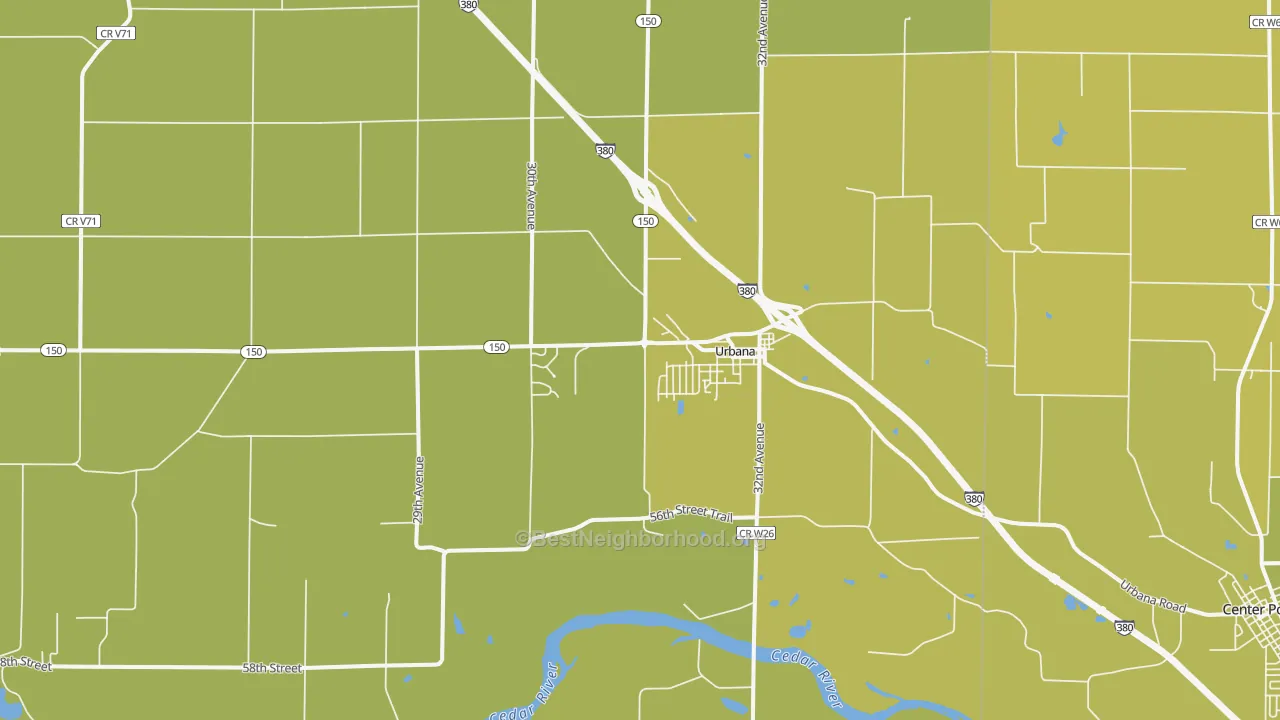 Map of the best neighborhoods in the Urbana area, with better matches in green and worse matches in red