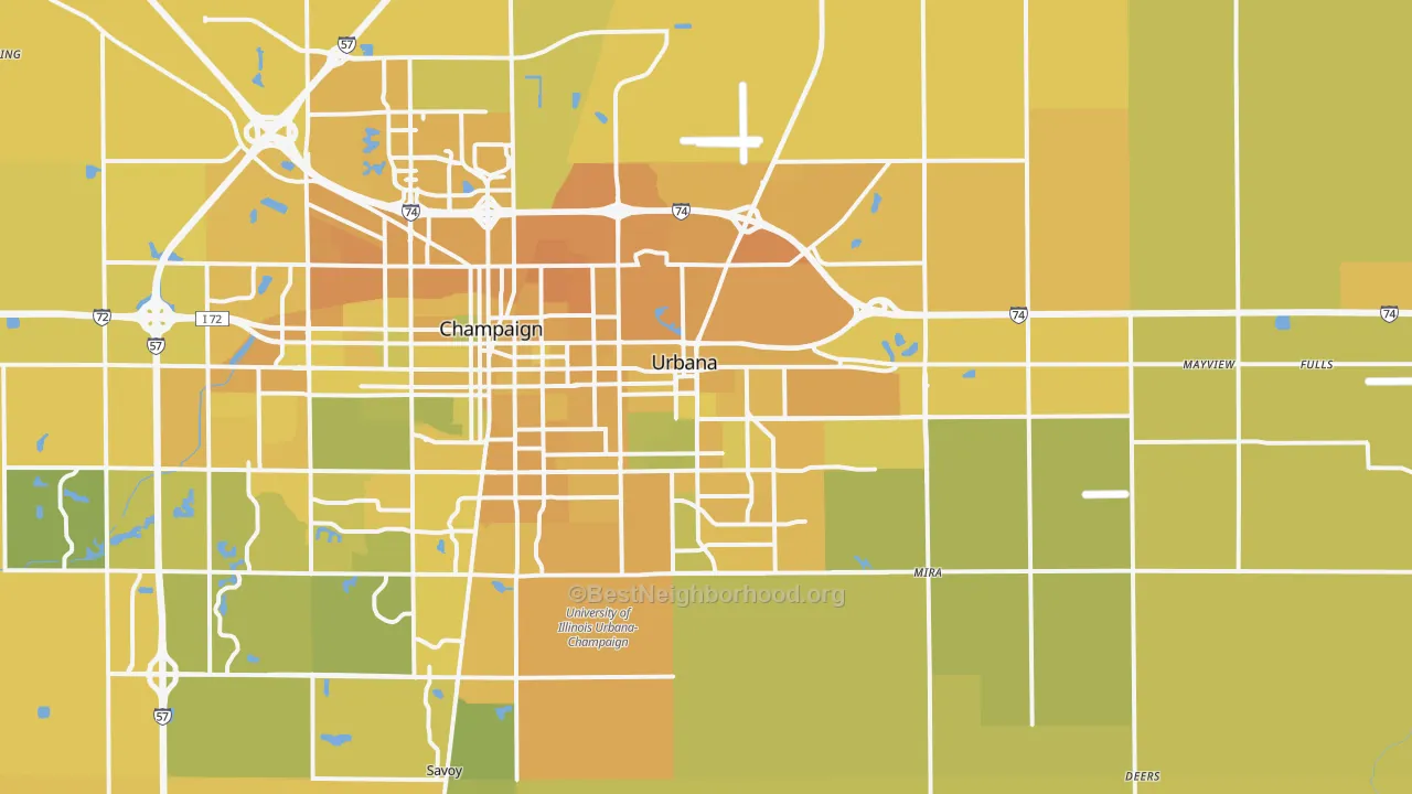 Map of the best neighborhoods in the Urbana area, with better matches in green and worse matches in red