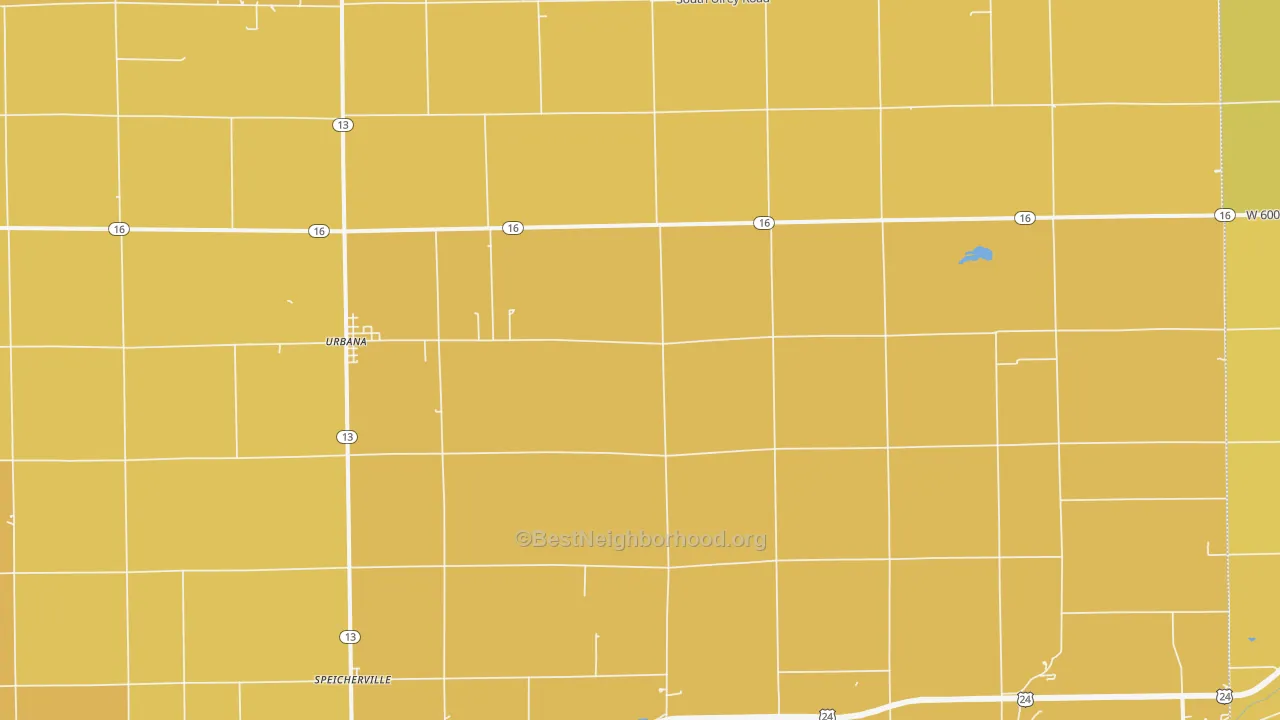 Map of the best neighborhoods in the Urbana area, with better matches in green and worse matches in red