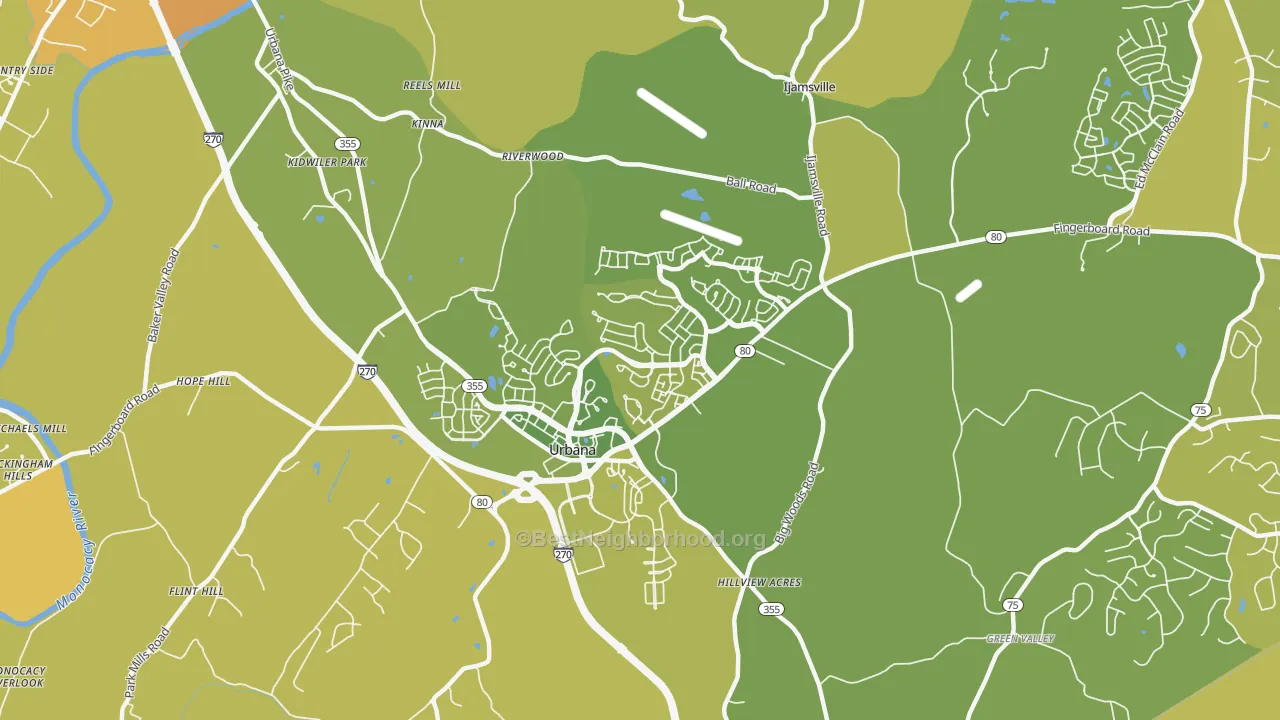 Map of the best neighborhoods in the Urbana area, with better matches in green and worse matches in red