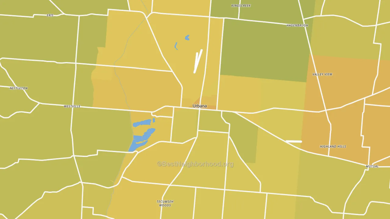 Map of the best neighborhoods in the Urbana area, with better matches in green and worse matches in red