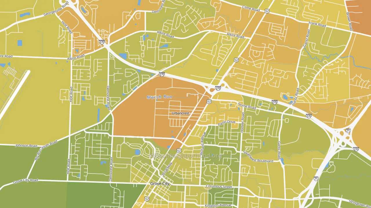 Map of the best neighborhoods in the Urbancrest area, with better matches in green and worse matches in red