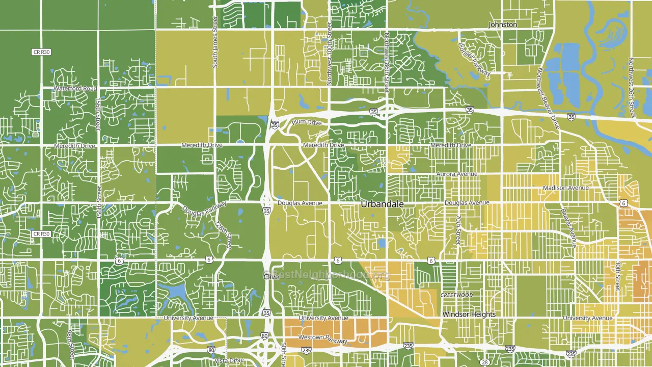 Map of the best neighborhoods in the Urbandale area, with better matches in green and worse matches in red