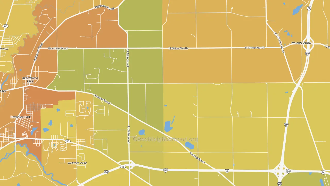 Map of the best neighborhoods in the Urbandale area, with better matches in green and worse matches in red