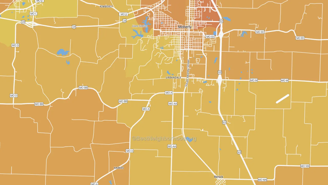 Map of the best neighborhoods in the Urbandale area, with better matches in green and worse matches in red