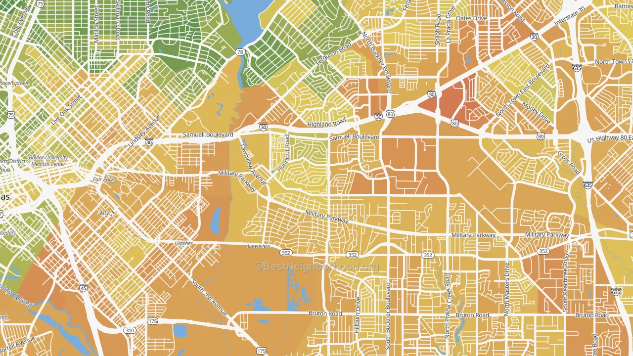 Map of the best neighborhoods in the Urbandale-Parkdale, Dallas area, with better matches in green and worse matches in red