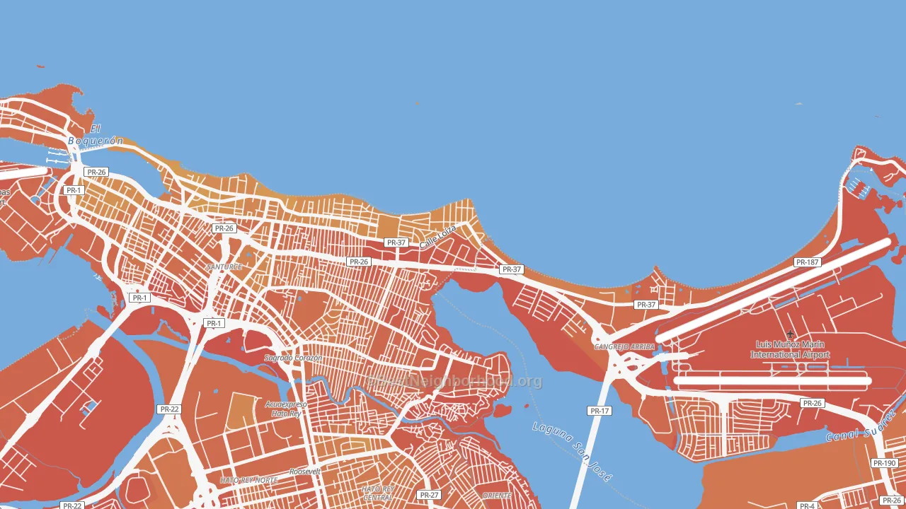Map of the best neighborhoods in the Urbanizacion Atlantic View, San Juan area, with better matches in green and worse matches in red