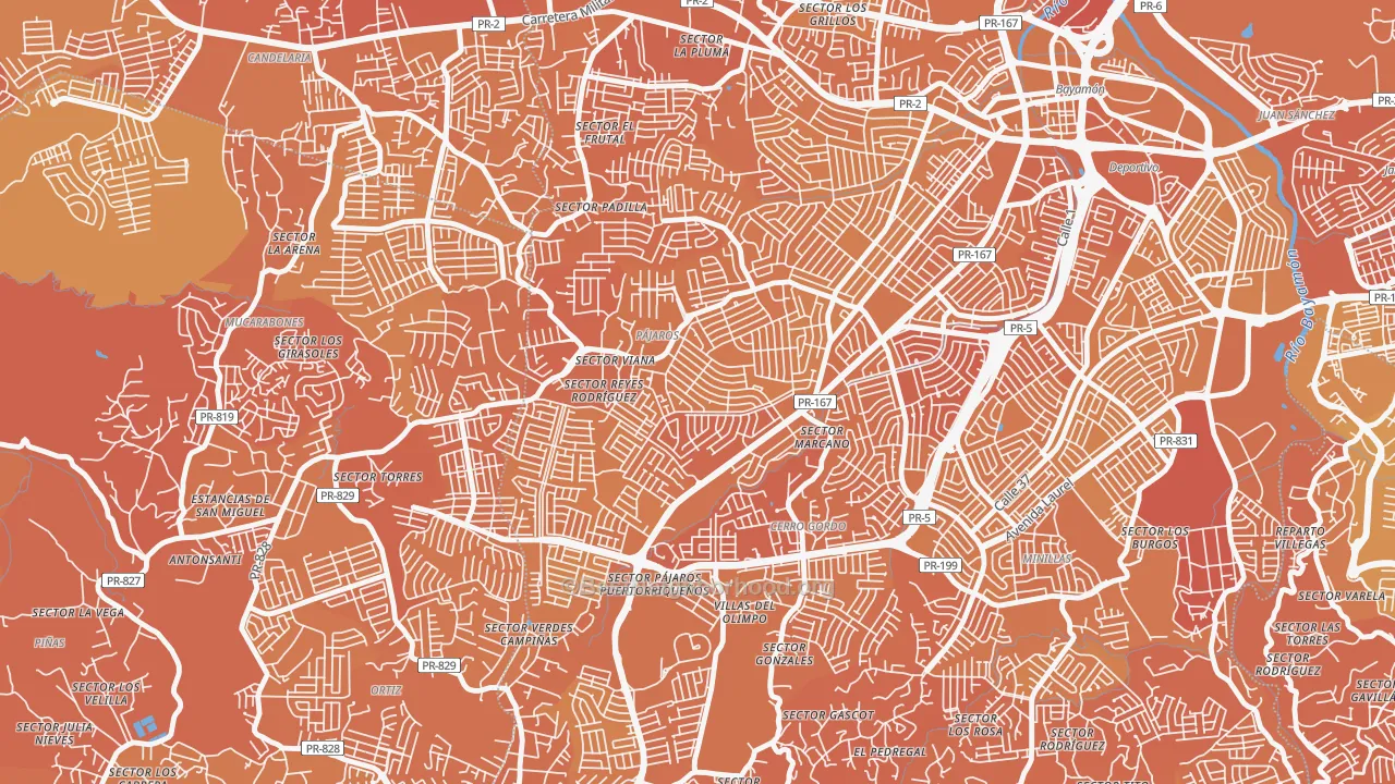 Map of the best neighborhoods in the Urbanizacion Bayamon Gdns, Bayamon area, with better matches in green and worse matches in red