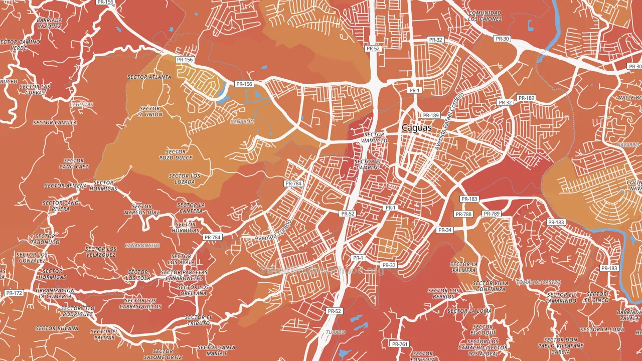 Map of the best neighborhoods in the Urbanizacion Bonneville Hts, Caguas area, with better matches in green and worse matches in red